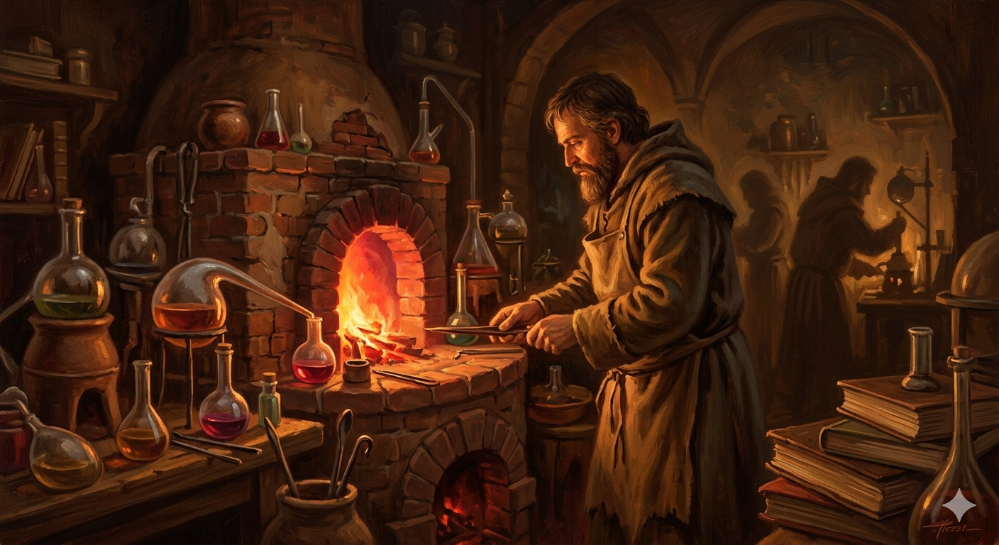 Alquimista Medieval trabajando con fuego